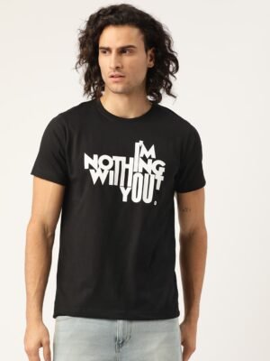 Man wearing a "I'm Nothing Without You" Hinglish graphic t-shirt from HinglishWear.com, standing next to a friend/family member.
