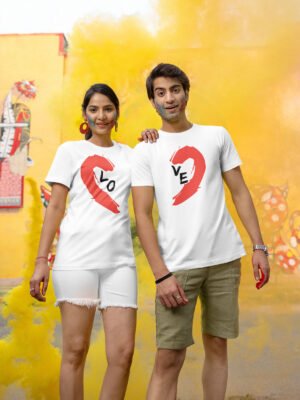 couple wearing HinglishWear t-shirts. The girl's shirt reads "Lo" and the boy's shirt reads "Ve," forming "Love" when standing together.
