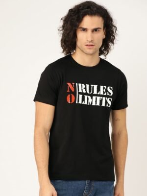 Man wearing a funny Hinglish graphic t-shirt that says "No Rules, No Limits" from HinglishWear.com.